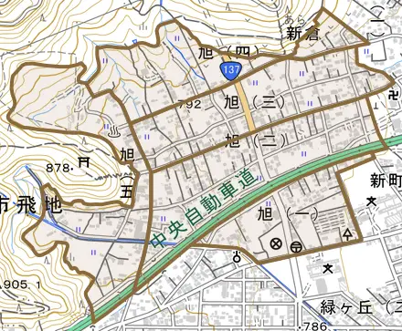 旭とその周辺の地図。町の範囲を重ねている