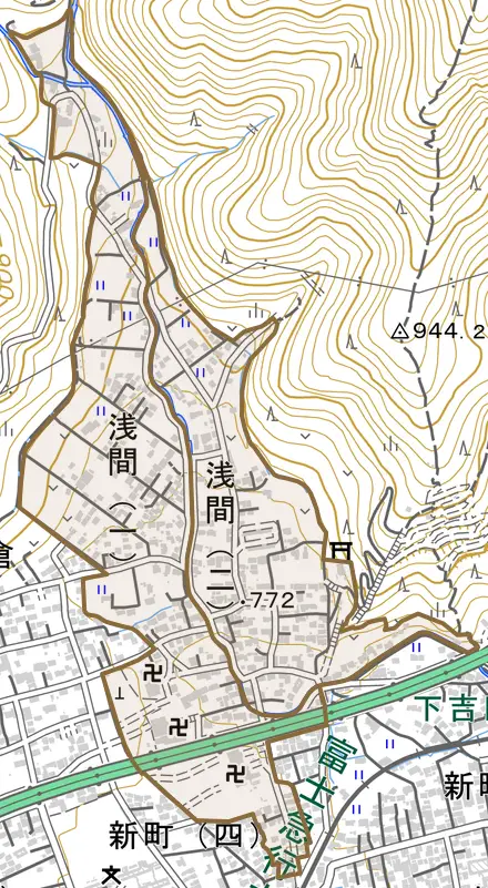 浅間とその周辺の地図。町の範囲を重ねている