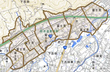 富士見とその周辺の地図。町の範囲を重ねている