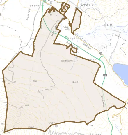 上吉田とその周辺の地図。町の範囲を重ねている