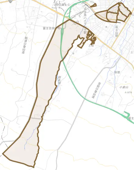 松山とその周辺の地図。町の範囲を重ねている
