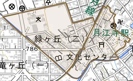 緑ケ丘とその周辺の地図。町の範囲を重ねている