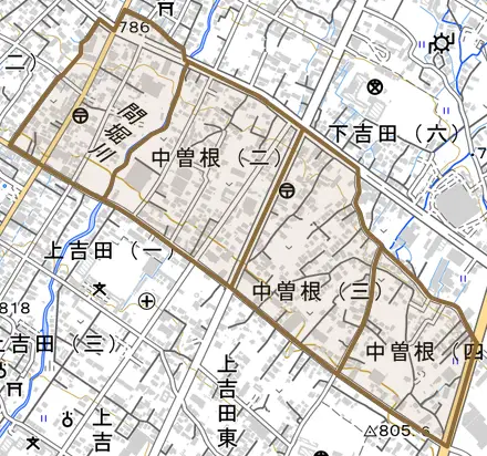 中曽根とその周辺の地図。町の範囲を重ねている