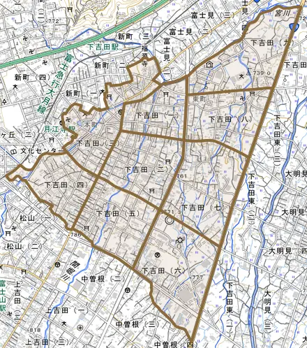 下吉田とその周辺の地図。町の範囲を重ねている