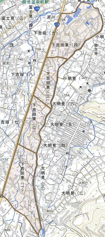 下吉田東とその周辺の地図。町の範囲を重ねている