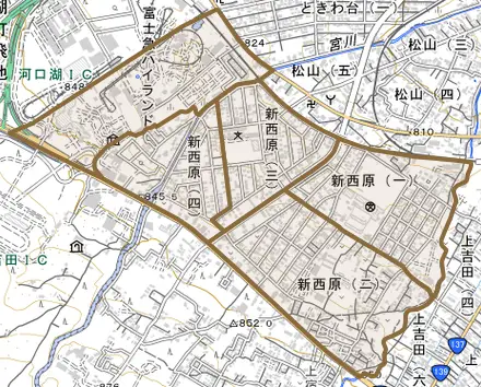 新西原とその周辺の地図。町の範囲を重ねている