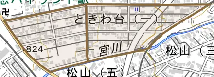 ときわ台とその周辺の地図。町の範囲を重ねている