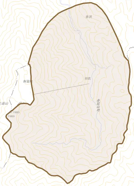 赤沢とその周辺の地図。町の範囲を重ねている