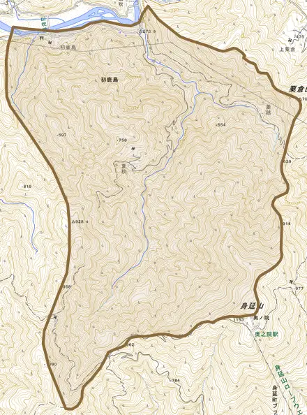 初鹿島とその周辺の地図。町の範囲を重ねている