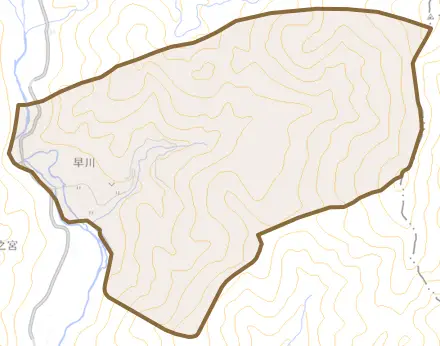 早川とその周辺の地図。町の範囲を重ねている