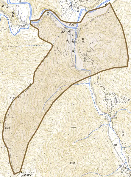 高住とその周辺の地図。町の範囲を重ねている