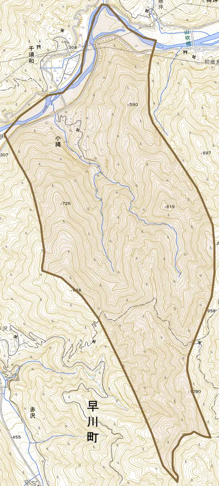 小縄とその周辺の地図。町の範囲を重ねている