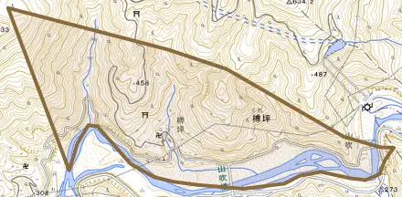 榑坪とその周辺の地図。町の範囲を重ねている