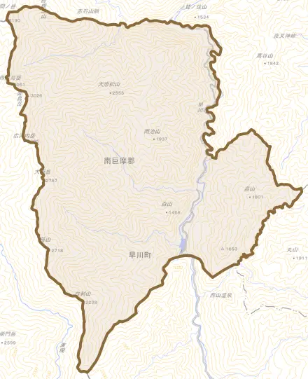 奈良田とその周辺の地図。町の範囲を重ねている