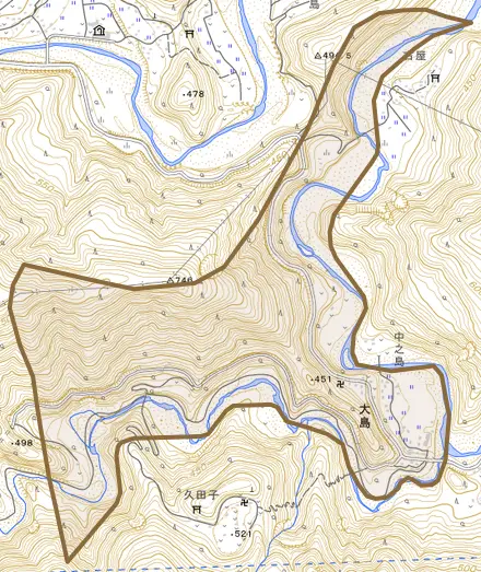 大島とその周辺の地図。町の範囲を重ねている