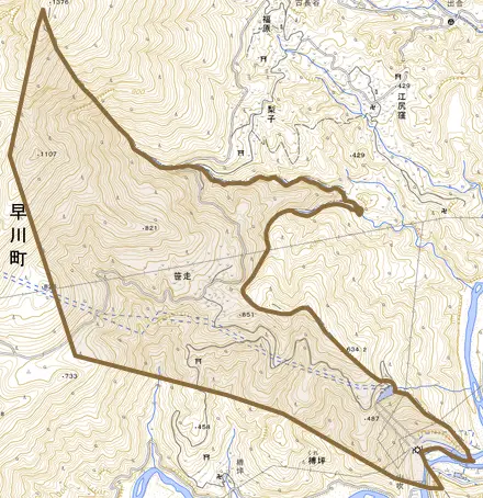 笹走とその周辺の地図。町の範囲を重ねている