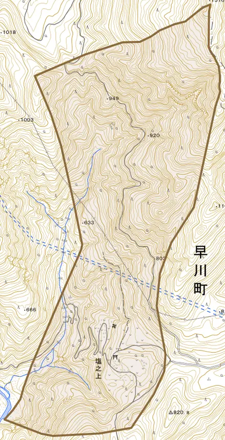 塩之上とその周辺の地図。町の範囲を重ねている