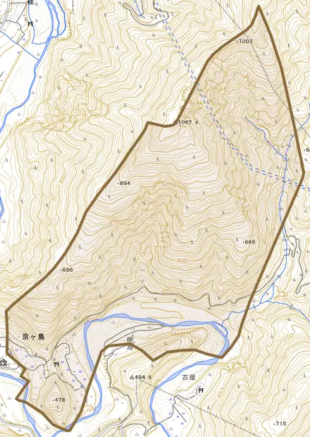 京ヶ島とその周辺の地図。町の範囲を重ねている