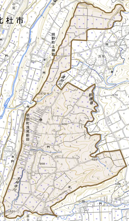 明野町浅尾新田とその周辺の地図。町の範囲を重ねている
