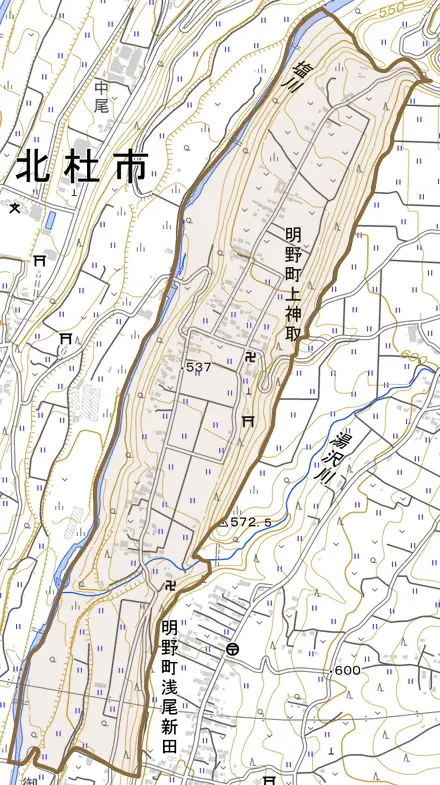明野町上神取とその周辺の地図。町の範囲を重ねている