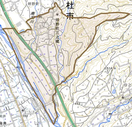 明野町三之蔵とその周辺の地図。町の範囲を重ねている