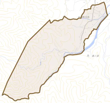白州町大坊とその周辺の地図。町の範囲を重ねている