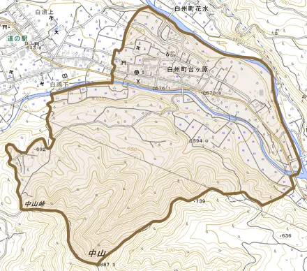 白州町台ヶ原とその周辺の地図。町の範囲を重ねている