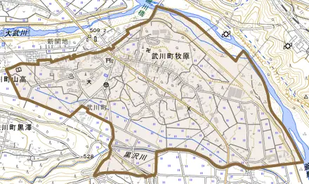 武川町牧原とその周辺の地図。町の範囲を重ねている