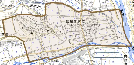 武川町宮脇とその周辺の地図。町の範囲を重ねている