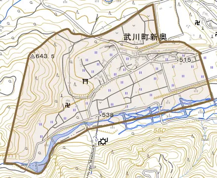 武川町新奥とその周辺の地図。町の範囲を重ねている