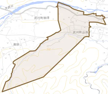 武川町山高とその周辺の地図。町の範囲を重ねている