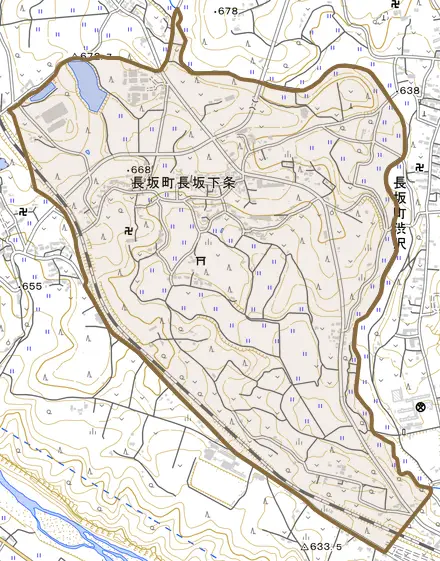 長坂町長坂下条とその周辺の地図。町の範囲を重ねている