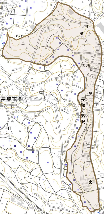 長坂町渋沢とその周辺の地図。町の範囲を重ねている