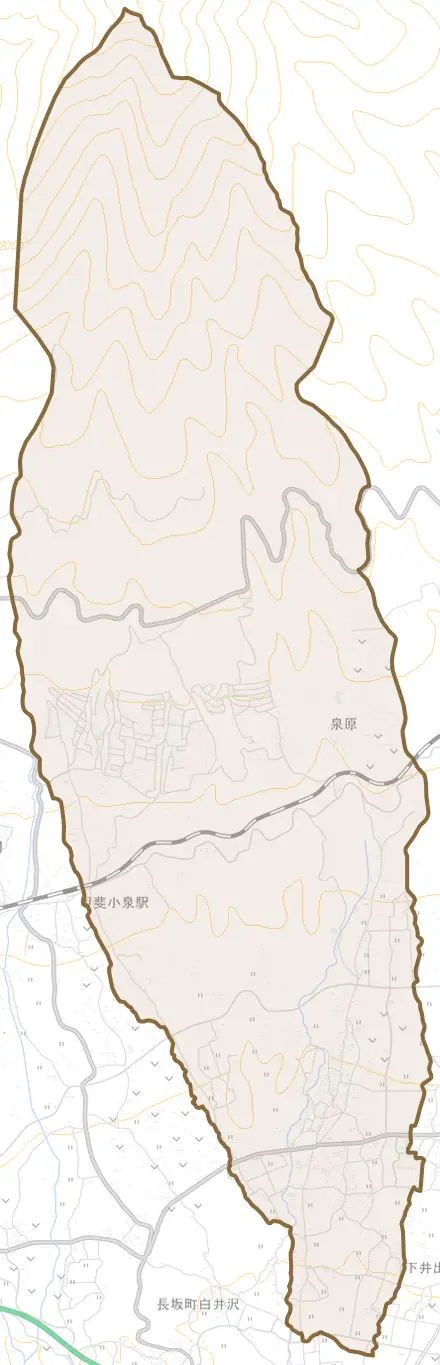 大泉町谷戸とその周辺の地図。町の範囲を重ねている