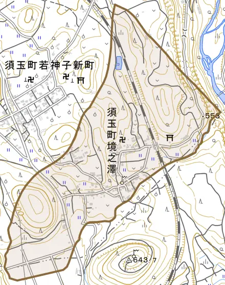 須玉町境之澤とその周辺の地図。町の範囲を重ねている