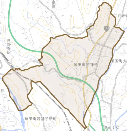 須玉町若神子とその周辺の地図。町の範囲を重ねている