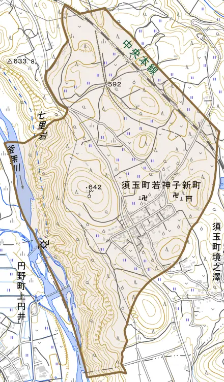 須玉町若神子新町とその周辺の地図。町の範囲を重ねている