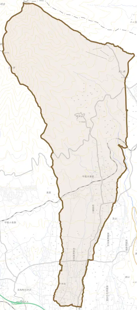 大泉町西井出とその周辺の地図。町の範囲を重ねている