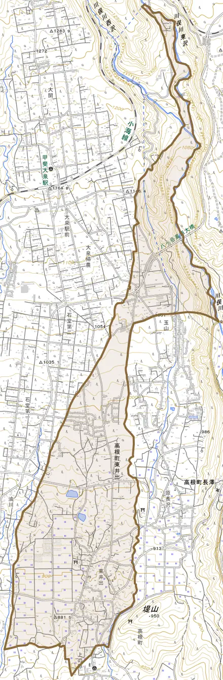高根町東井出とその周辺の地図。町の範囲を重ねている