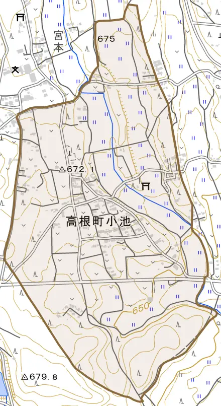 高根町小池とその周辺の地図。町の範囲を重ねている