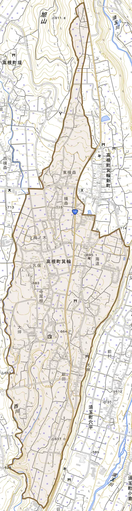 高根町箕輪とその周辺の地図。町の範囲を重ねている