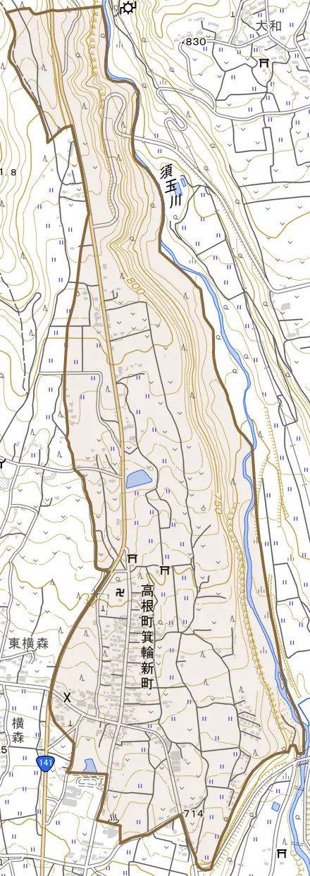 高根町箕輪新町とその周辺の地図。町の範囲を重ねている