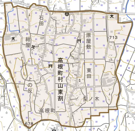 高根町村山東割とその周辺の地図。町の範囲を重ねている