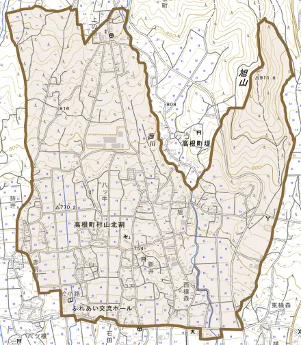 高根町村山北割とその周辺の地図。町の範囲を重ねている