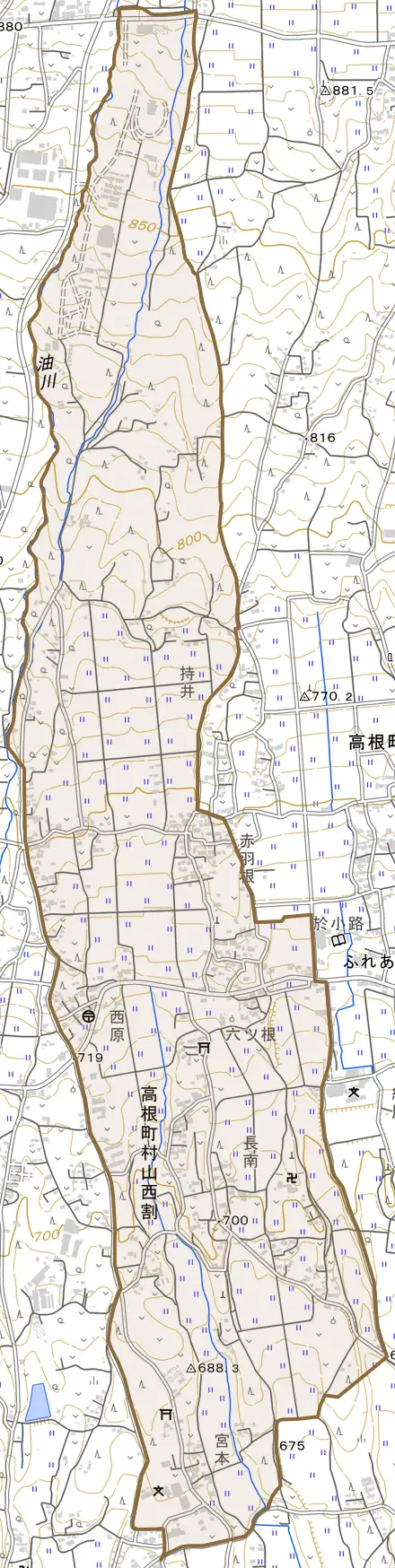 高根町村山西割とその周辺の地図。町の範囲を重ねている