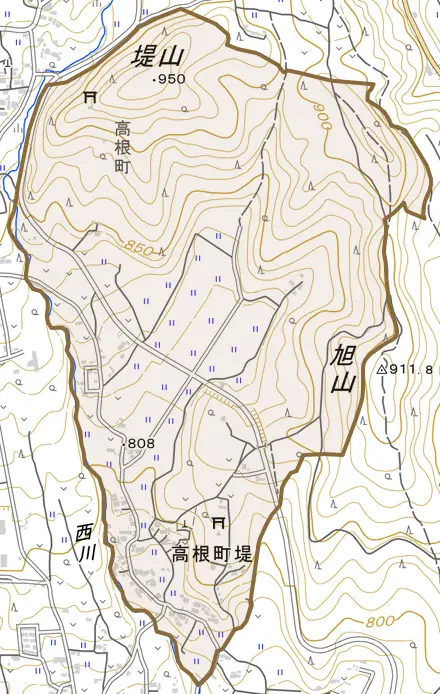 高根町堤とその周辺の地図。町の範囲を重ねている
