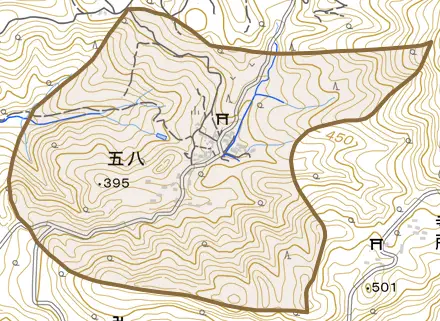五八とその周辺の地図。町の範囲を重ねている