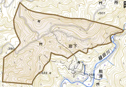 岩下とその周辺の地図。町の範囲を重ねている