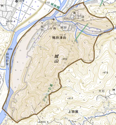 鴨狩津向とその周辺の地図。町の範囲を重ねている
