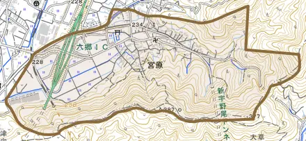 宮原とその周辺の地図。町の範囲を重ねている